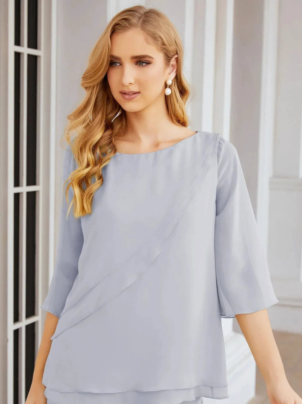 Sunnderly Elegant 2 Piece Mother of The Bride Dress Plus Size Pant Suits Ruffle Layers Sliver Housecoat SY28064 by numbersea