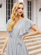 Numbersea Women's Open Back Formal Evening Party Prom Gowns V-Neck Long Chiffon Bridesmaid Dresses with Waist Belt 28038 by numbersea