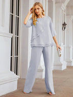 Sunnderly Elegant 2 Piece Mother of The Bride Dress Plus Size Pant Suits Ruffle Layers Sliver Housecoat SY28064 by numbersea