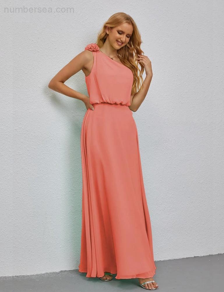 Ruffled One Shoulder Sleeveless Long Bridesmaid Dresses A-line Formal Evening Gown Side Split 28080 by numbersea
