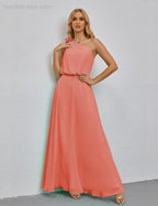 Ruffled One Shoulder Sleeveless Long Bridesmaid Dresses A-line Formal Evening Gown Side Split 28080 by numbersea