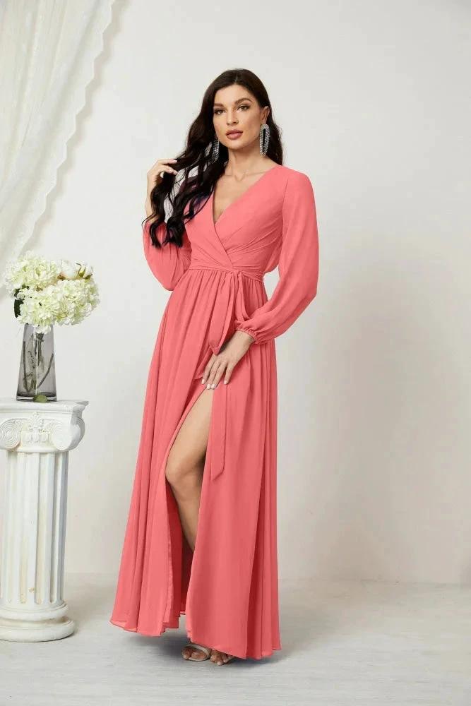 Sunnderly Evening Dresses Deep V-Neck Chiffon Bridesmaid Dresses Long Bishop Sleeve Side Split Formal Dress SY2806 by numbersea