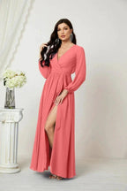 Sunnderly Evening Dresses Deep V-Neck Chiffon Bridesmaid Dresses Long Bishop Sleeve Side Split Formal Dress SY2806 by numbersea