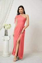 Numbersea Chiffon Ruffled One Shoulder Long Bridesmaid Dresses A-line Formal Evening Gown Side Split 2809 by numbersea