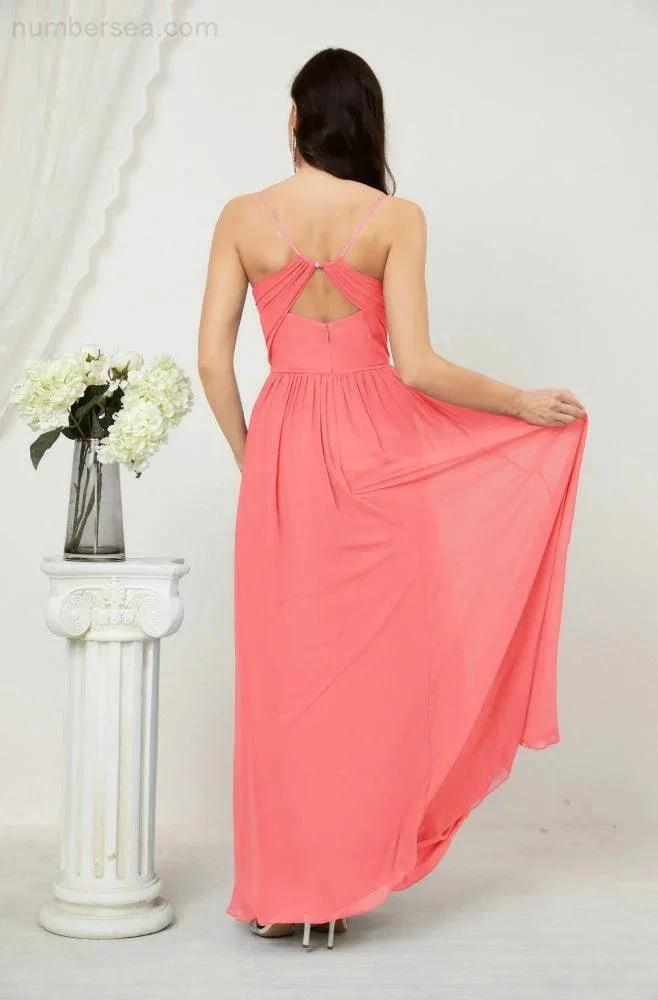 Numbersea Neck Bridesmaid Dresses Chiffon Long Spaghetti A-line Formal Prom Gown for Wedding Party Evening 2801 by numbersea
