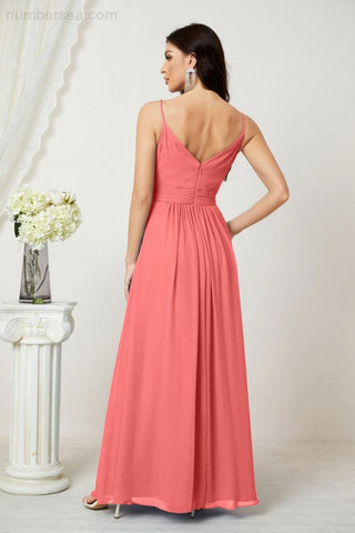 Numbersea Chiffon V-Neck Bridesmaid Dress Spaghetti Strap Long Formal Party Prom Gowns with Slit 28010