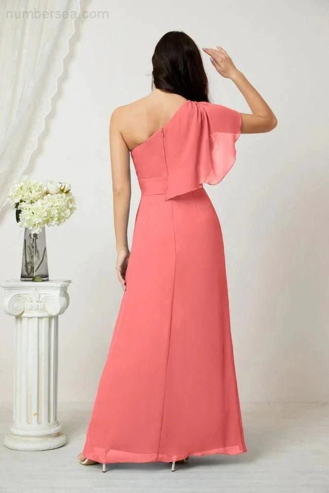 Numbersea Chiffon Ruffled One Shoulder Long Bridesmaid Dresses A-line Formal Evening Gown Side Split 2809 by numbersea