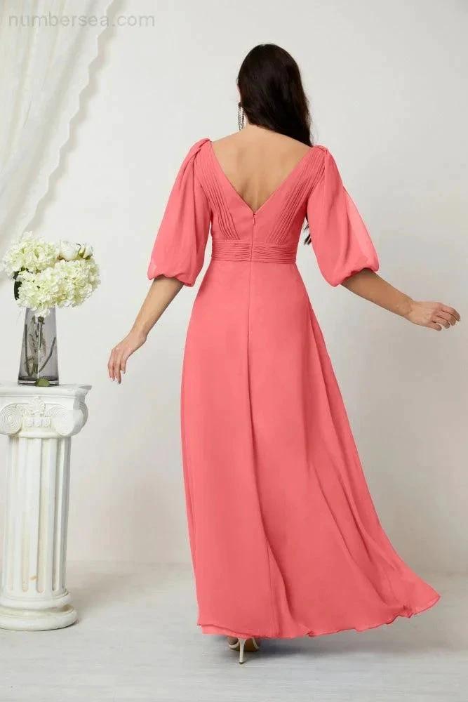 Numbersea Formal Prom Gown Women V-Neck Chiffon Bridesmaid Dresses Long Bishop Sleeve Party Dress 2807 by numbersea