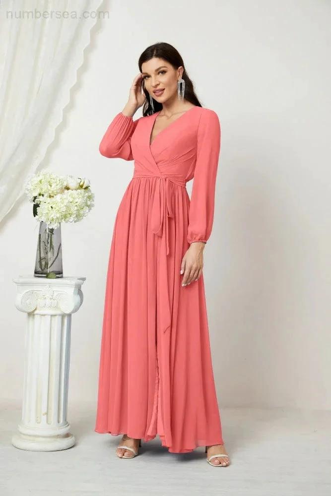 Sunnderly Evening Dresses Deep V-Neck Chiffon Bridesmaid Dresses Long Bishop Sleeve Side Split Formal Dress SY2806 by numbersea