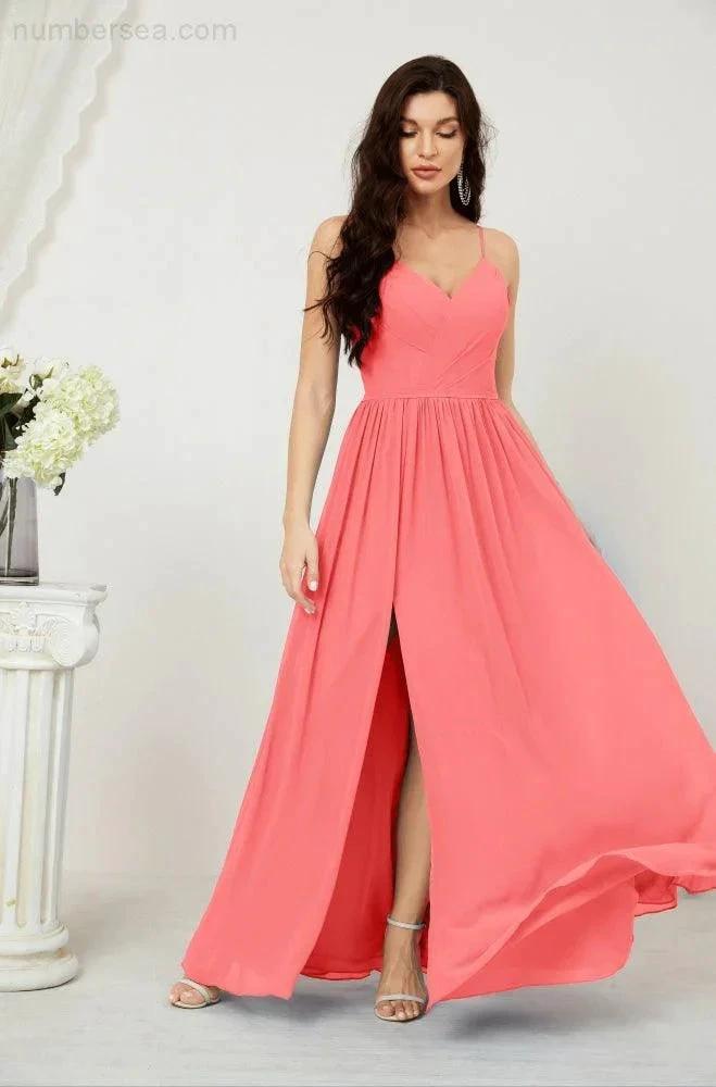 Numbersea Neck Bridesmaid Dresses Chiffon Long Spaghetti A-line Formal Prom Gown for Wedding Party Evening 2801 by numbersea