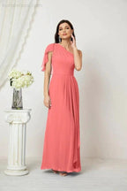Numbersea Chiffon Ruffled One Shoulder Long Bridesmaid Dresses A-line Formal Evening Gown Side Split 2809 by numbersea