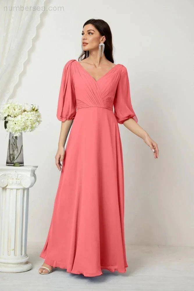Numbersea Formal Prom Gown Women V-Neck Chiffon Bridesmaid Dresses Long Bishop Sleeve Party Dress 2807 by numbersea