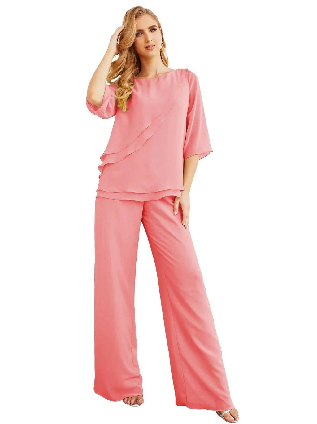 Sunnderly Elegant 2 Piece Mother of The Bride Dress Plus Size Pant Suits Ruffle Layers Sliver Housecoat SY28064 by numbersea