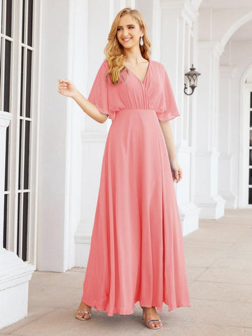 Numbersea V-Neck Bridesmaid Dress Chiffon Long Open Back Formal Dresses for Women Party Evening 28067