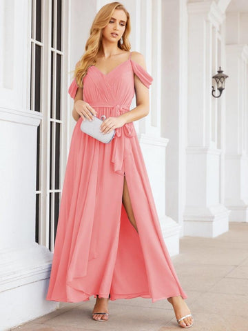 Numbersea Off The Shoulder Chiffon Bridesmaid Dress Long Formal Graduation Gown with Cowl Back 28069