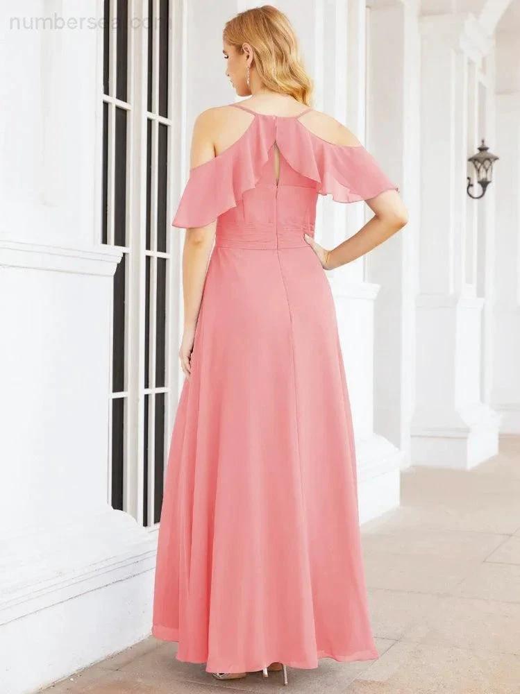 Numbersea Cold Shoulder Long Bridesmaid Dresses Side Slit Formal Prom Gowns Party Wedding 28070 by numbersea