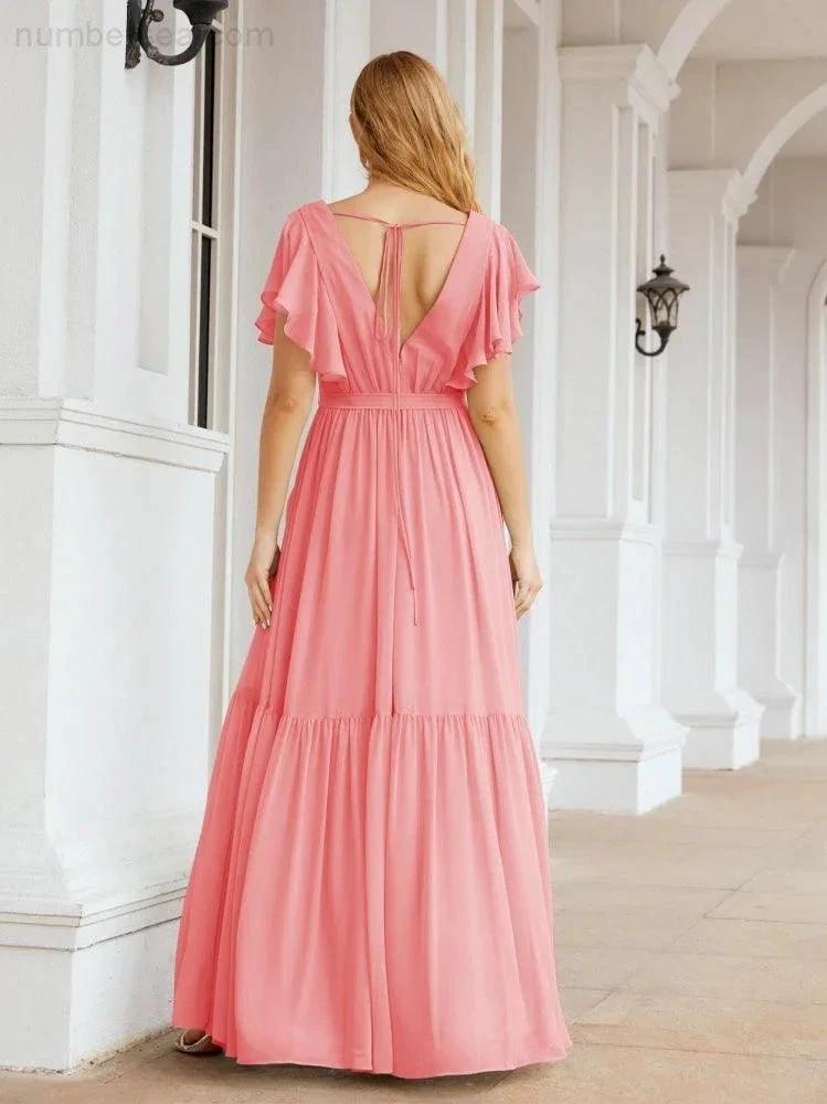Numbersea Women's Open Back Formal Evening Party Prom Gowns V-Neck Long Chiffon Bridesmaid Dresses with Waist Belt 28038 by numbersea