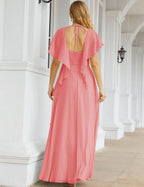 Numbersea Chiffon Bridesmaid Dresses Long Formal Evening Prom Mother of The Bride Dress with Flutter Sleeve     SEA28040