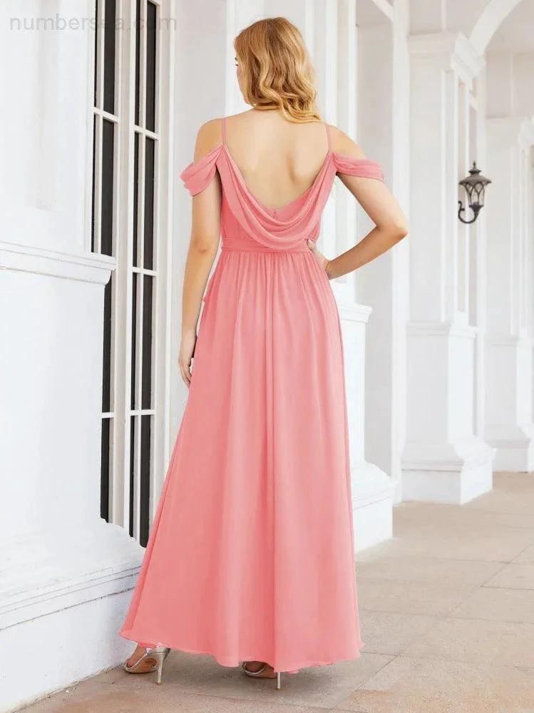 Numbersea Off The Shoulder Chiffon Bridesmaid Dress Long Formal Graduation Gown with Cowl Back 28069 by numbersea