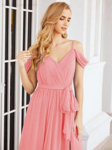 Numbersea Off The Shoulder Chiffon Bridesmaid Dress Long Formal Graduation Gown with Cowl Back 28069