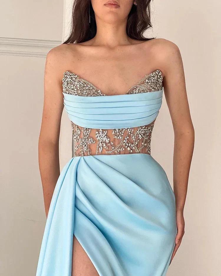 Sky Blue Long Strapless Beadings Mermaid Prom Dress With Split by BIZTUNNEL