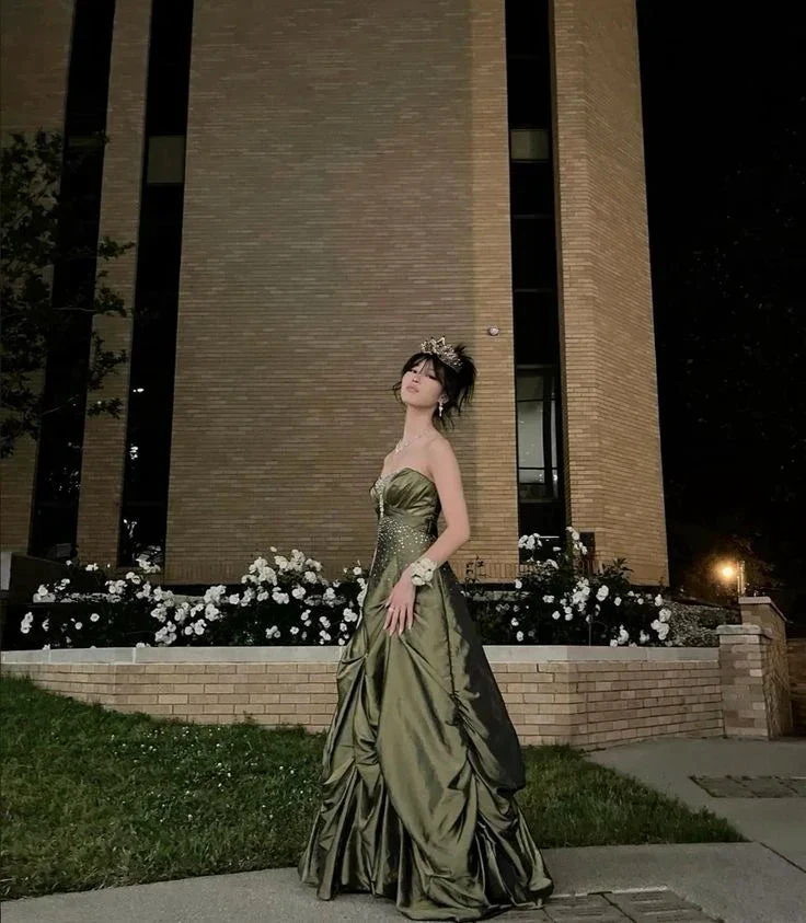 Pretty Strapless Green Satin Beaded Long Prom Dress Formal Brithday Dress Ball Gown Y7533 by simplepromdress