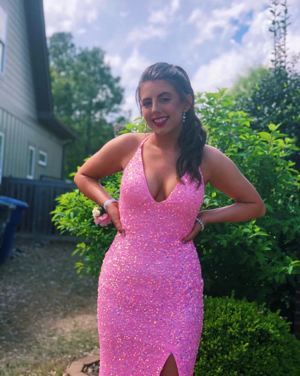 Pink Halter Neckline Sequins Prom Dress Sexy Evening Dress Side Slit Y268 by simplepromdress