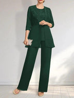 Jumpsuit/Pantsuit Separates Scoop Floor-Length Chiffon Lace Mother of the Bride Dress With Sequins by Dreamylily