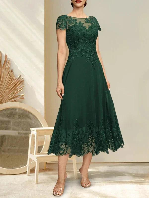 A-line Illusion Scoop Tea-Length Lace Chiffon Mother of the Bride Dress With Sequins by Dreamylily