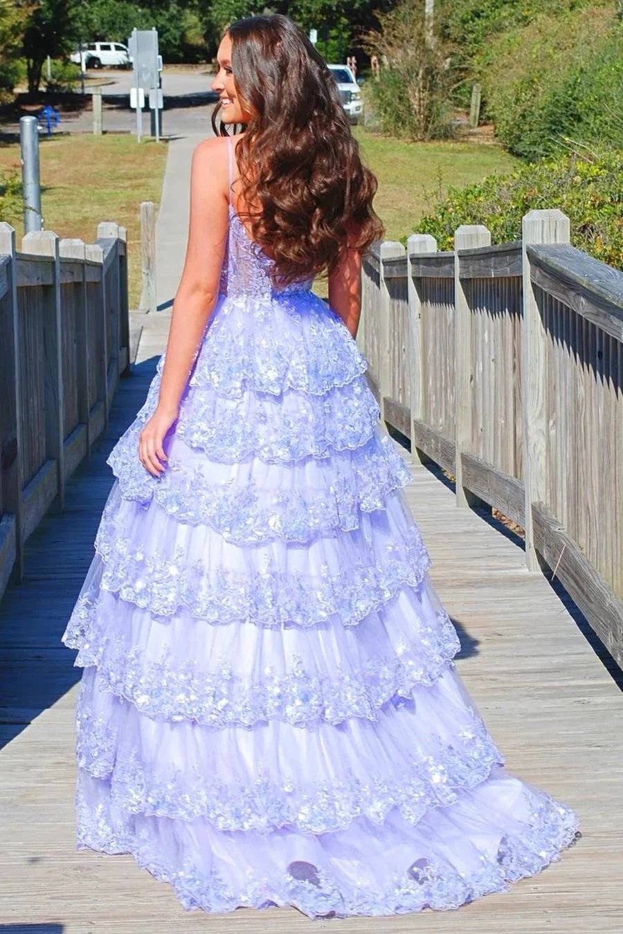 Maryam |A Line Spaghetti Straps Tiered Lace Prom Dress by KissProm