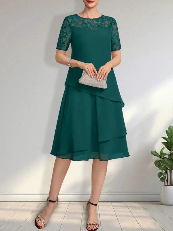 A-line Scoop Illusion Knee-Length Lace Chiffon Mother of the Bride Dress With Sequins by Dreamylily