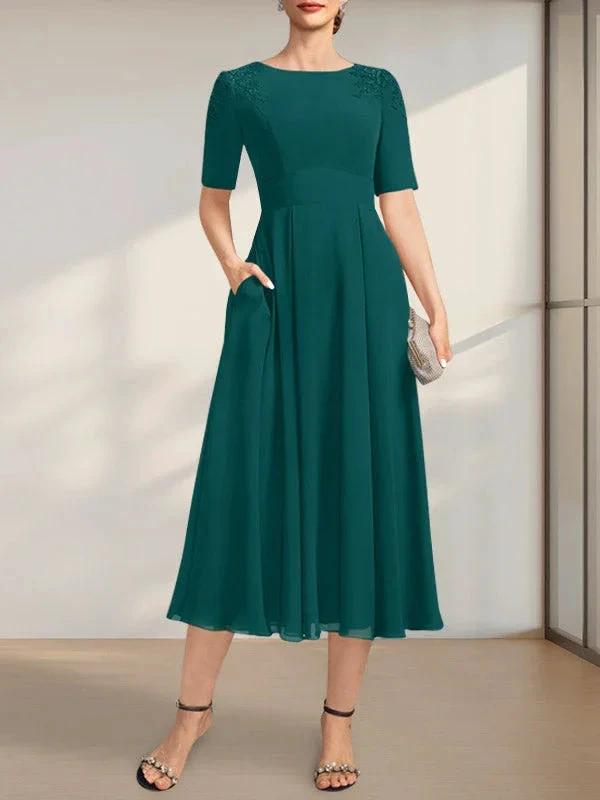 A-line Scoop Tea-Length Chiffon Mother of the Bride Dress With Appliques Lace Sequins by Dreamylily