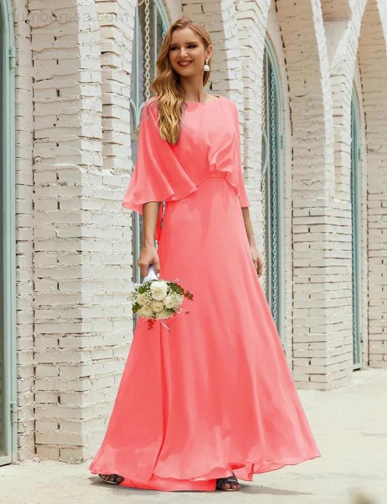 Sunnderly Bridesmaid Dress Women Long Sleeve V-Neck Chiffon Formal Wedding Party Dress SY28018 by numbersea