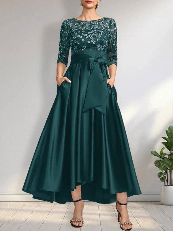 A-line Scoop Illusion Asymmetrical Satin Lace Mother of the Bride Dress With Bow by Dreamylily