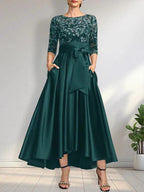 A-line Scoop Illusion Asymmetrical Satin Lace Mother of the Bride Dress With Bow by Dreamylily