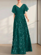 A-line V-Neck Floor-Length Lace Sequin Chiffon Mother of the Bride Dress With Pleated by Dreamylily