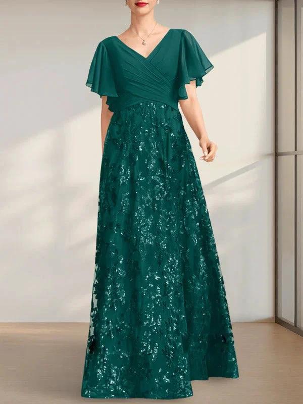 A-line V-Neck Floor-Length Lace Sequin Chiffon Mother of the Bride Dress With Pleated by Dreamylily