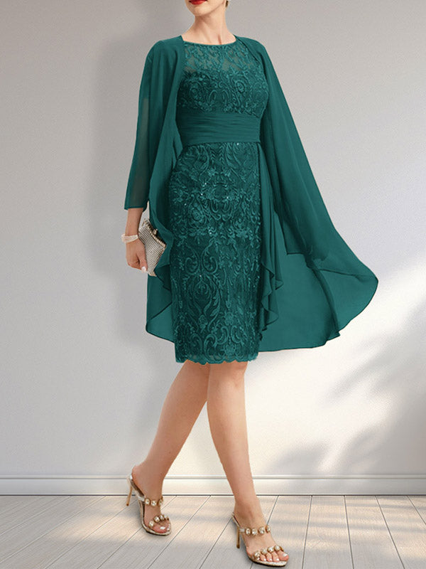 Sheath Scoop Illusion Knee-Length Lace Chiffon Mother of the Bride Dress With Cascading Ruffles Sequins