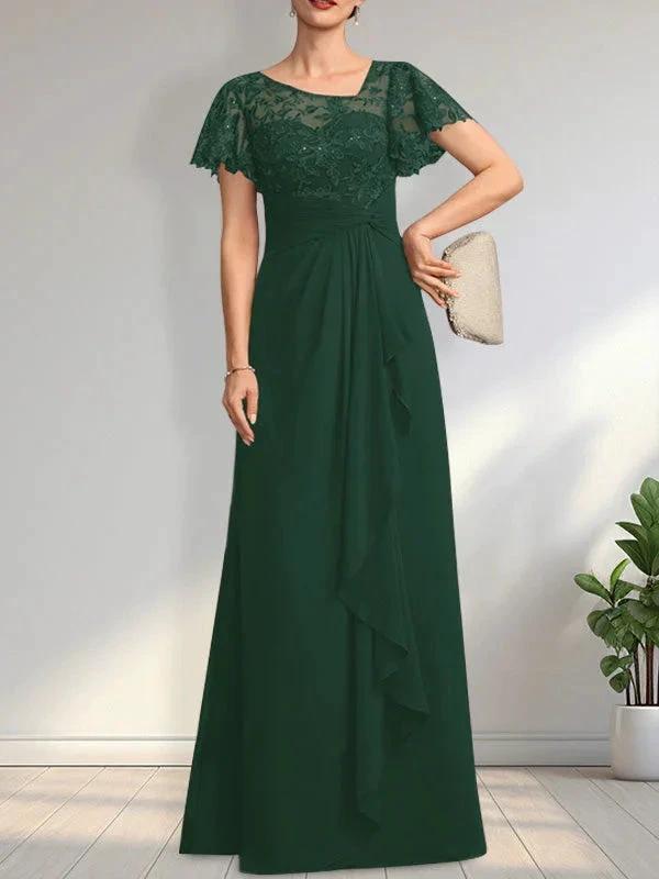 A-line Asymmetrical Illusion Floor-Length Lace Chiffon Mother of the Bride Dress With Cascading Ruffles Sequins by Dreamylily