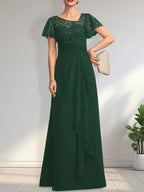 A-line Asymmetrical Illusion Floor-Length Lace Chiffon Mother of the Bride Dress With Cascading Ruffles Sequins by Dreamylily