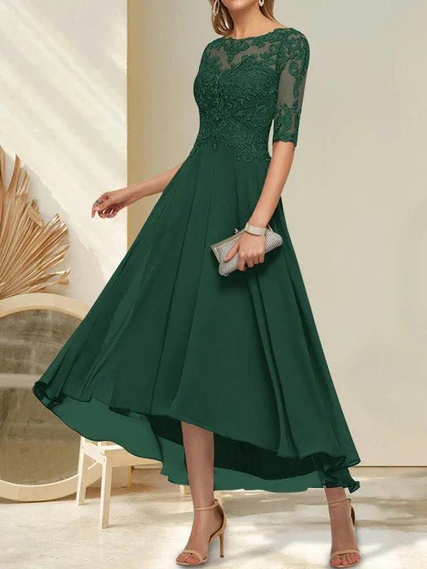 A-line Boat Neck Illusion Asymmetrical Chiffon Lace Mother of the Bride Dress With Sequins Beading by Dreamylily