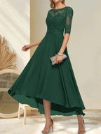 A-line Boat Neck Illusion Asymmetrical Chiffon Lace Mother of the Bride Dress With Sequins Beading by Dreamylily