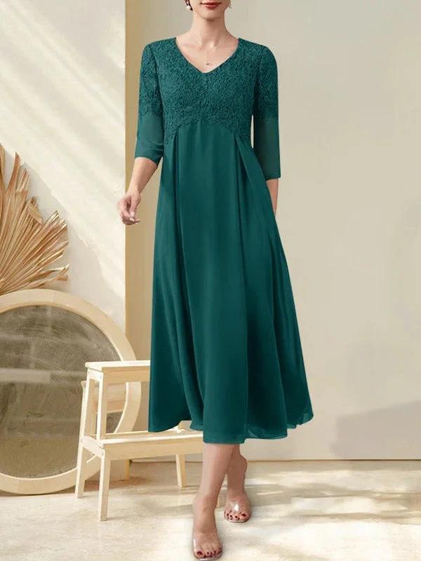 A-line V-Neck Tea-Length Chiffon Lace Mother of the Bride Dress With Beading by Dreamylily