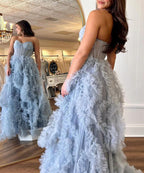 Blue Strapless Ruffle Tulle A-Line Long Prom Dresses with Slit