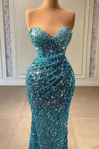 Light Blue Prom Dress with Sweetheart Strapless Neckline Sleeveless Design and Sequin Embellishments by BIZTUNNEL