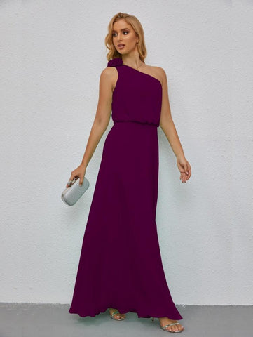 Ruffled One Shoulder Sleeveless Long Bridesmaid Dresses A-line Formal Evening Gown Side Split 28080