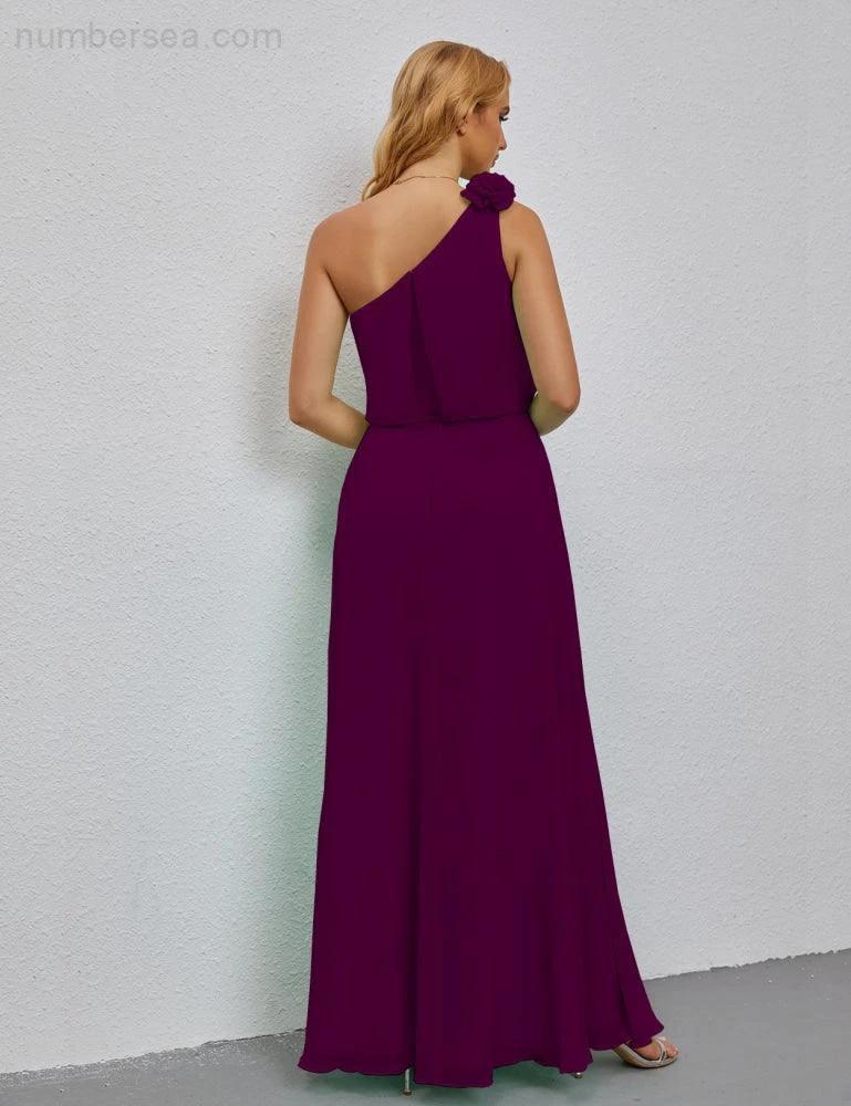 Ruffled One Shoulder Sleeveless Long Bridesmaid Dresses A-line Formal Evening Gown Side Split 28080 by numbersea