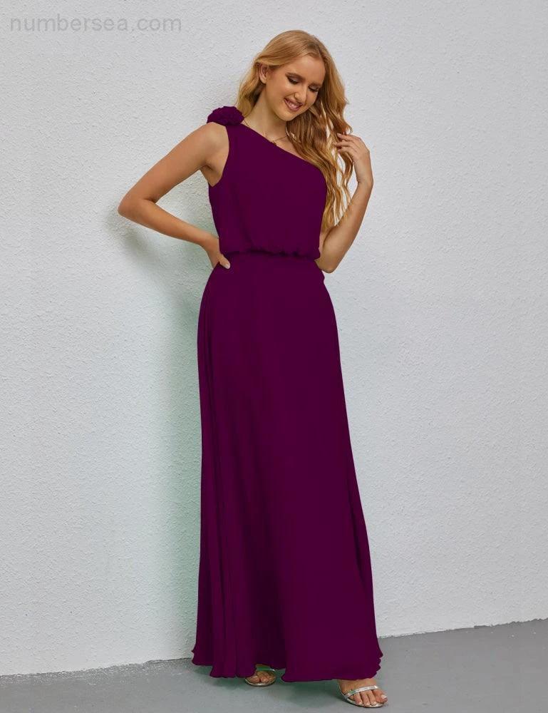 Ruffled One Shoulder Sleeveless Long Bridesmaid Dresses A-line Formal Evening Gown Side Split 28080 by numbersea