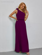 Ruffled One Shoulder Sleeveless Long Bridesmaid Dresses A-line Formal Evening Gown Side Split 28080 by numbersea