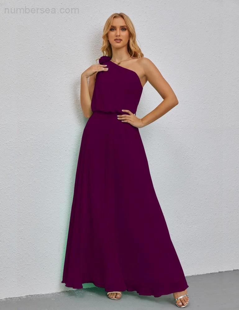 Ruffled One Shoulder Sleeveless Long Bridesmaid Dresses A-line Formal Evening Gown Side Split 28080 by numbersea